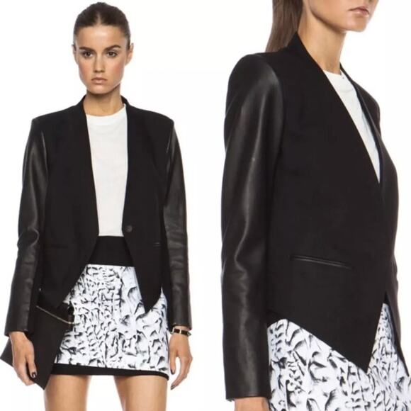 Helmut Lang Smoking Wool Leather Sleeve Cropped Tuxedo Blazer - Picture 1 of 6